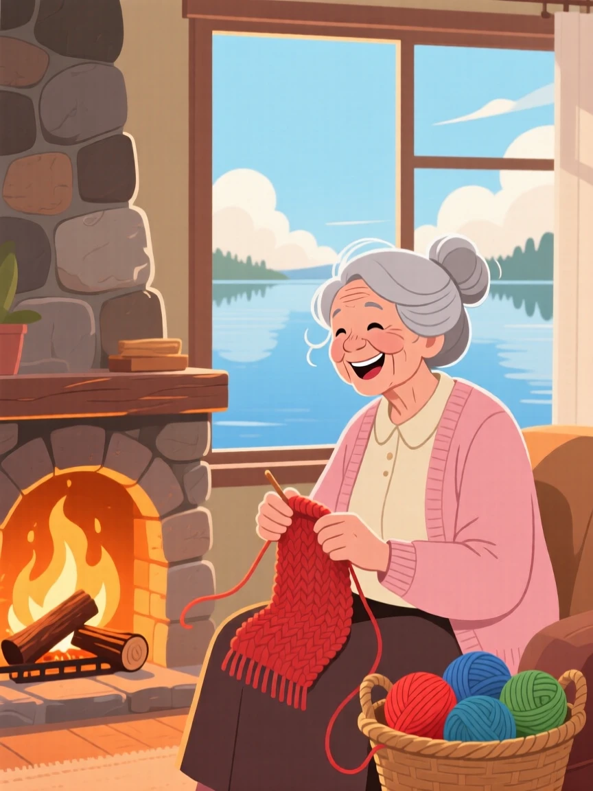 A grandmother knitting a scarf beside a warm fireplace, beside a calm lake reflecting the sky, arranged with the subject slightly off-center for a natural feel, with small joyful details like flying hair or bright laughter.