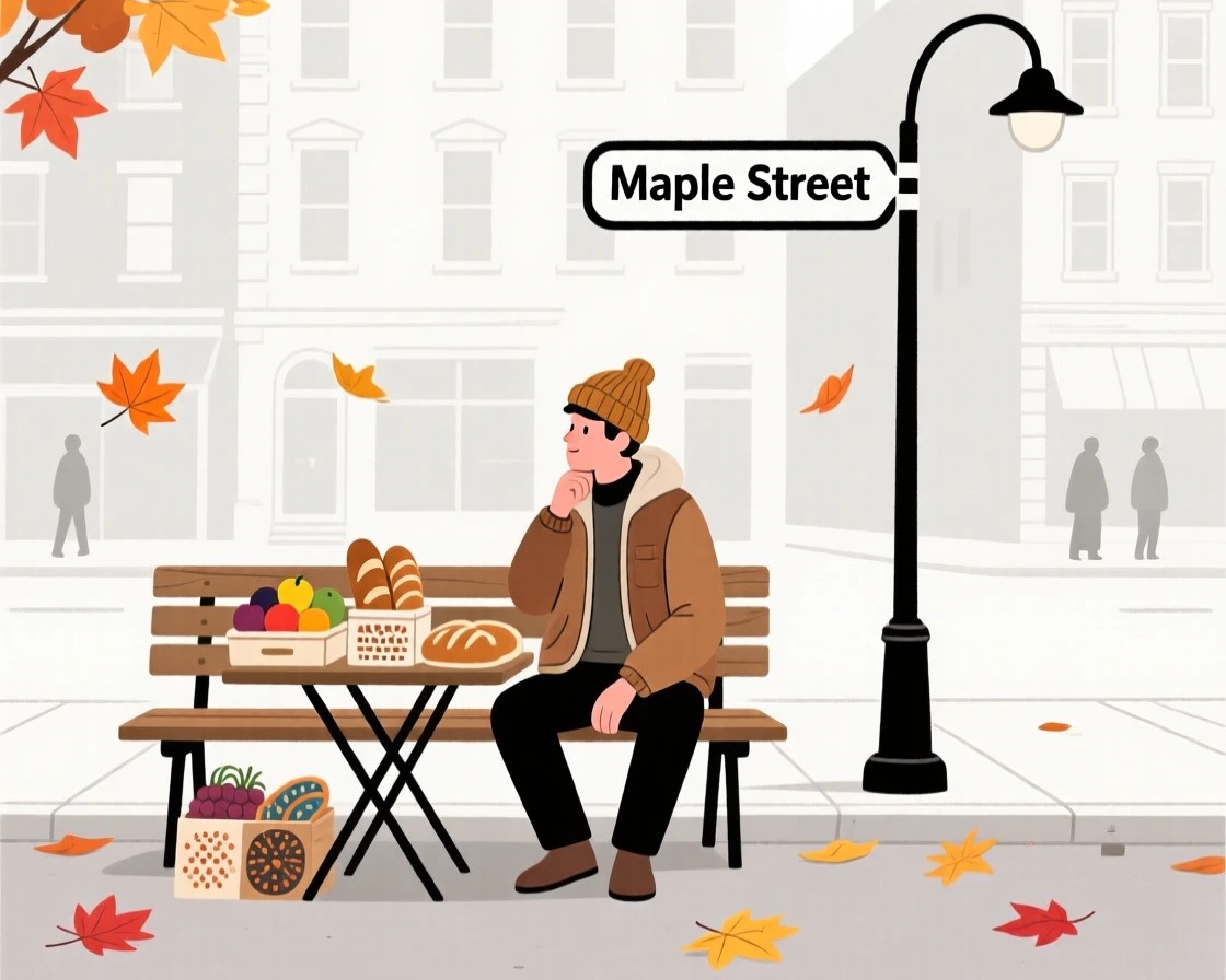 A street vendor people-watching from a bench on a quiet autumn day in the city.