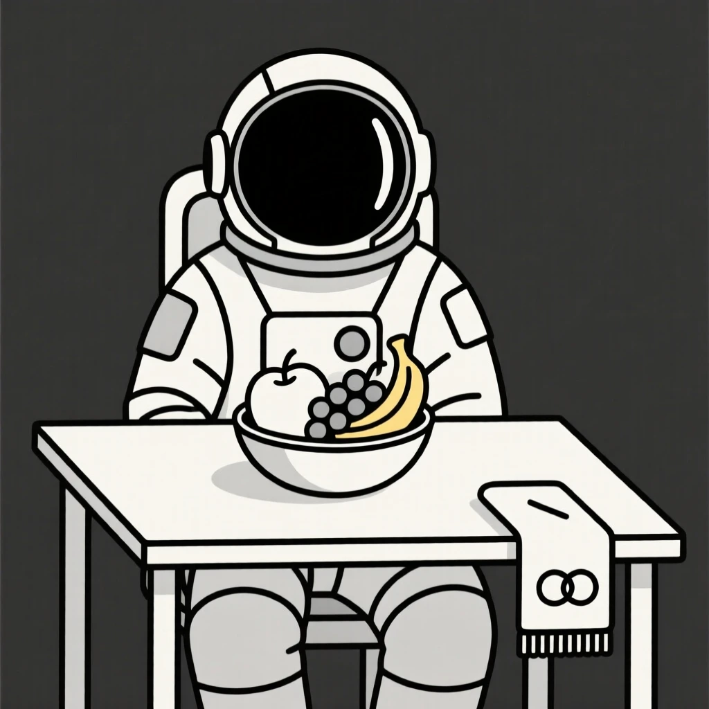 A portrait of an astronaut working at a desk near a bowl of fresh fruit, filled with shared belonging.