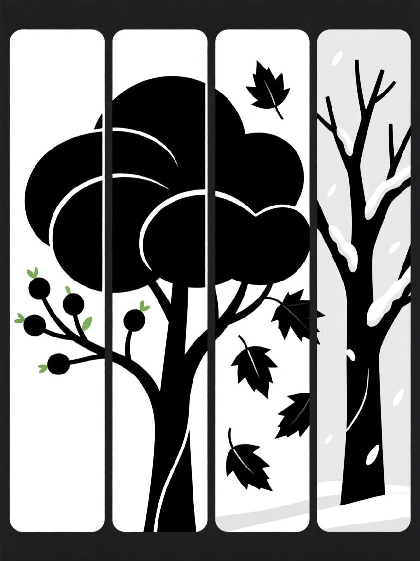 Seasons changing across the same tree through four panels.