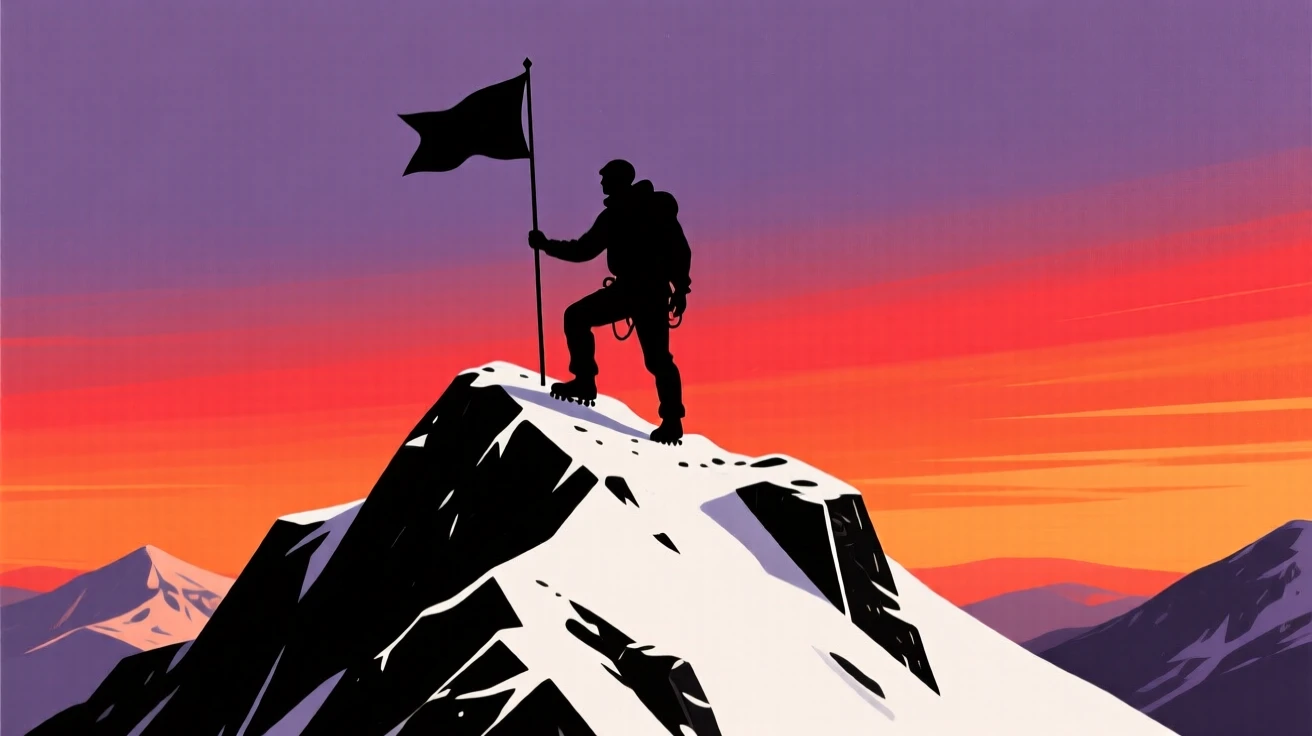 A mountaineer planting a flag at the summit of a snow-covered peak.