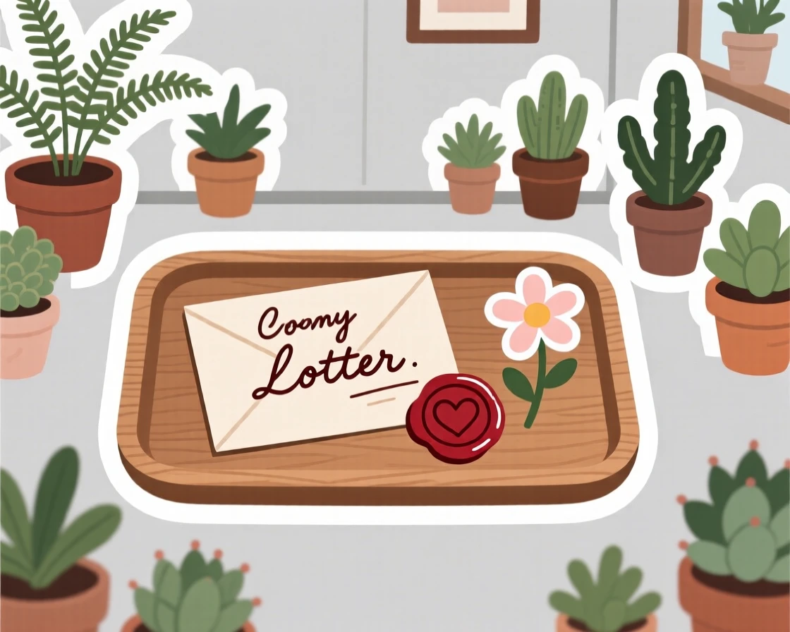 A cozy handwritten letter with a wax seal, placed on a wooden tray with a small flower, in a small apartment filled with plants.