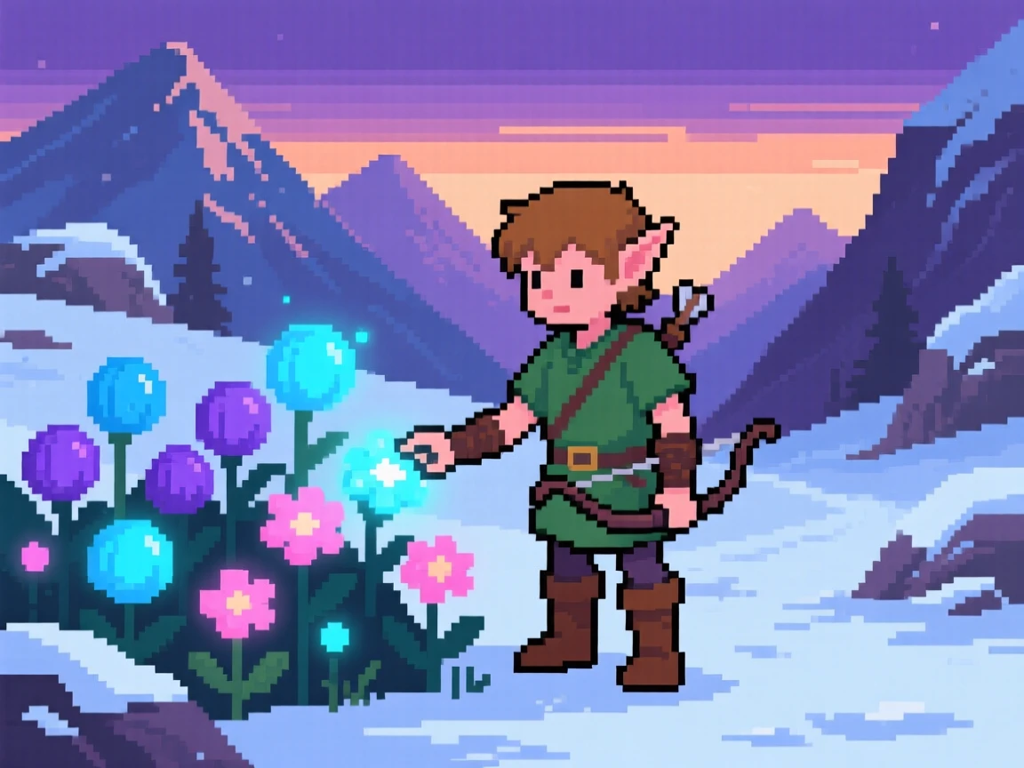 A small elf scout with a bow tending a garden of enchanted flowers, in a snowy mountain pass at dusk.