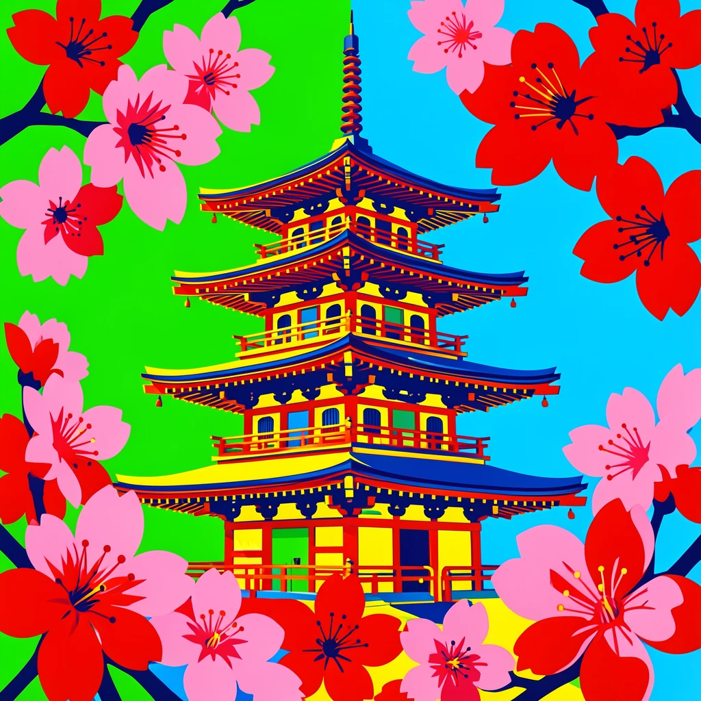 Cherry blossoms framing a traditional pagoda