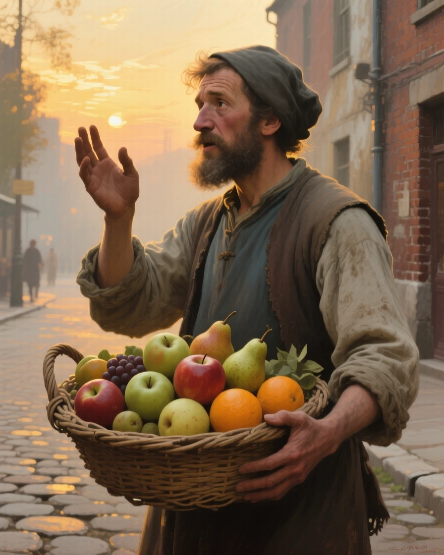 An intimate close-up of a street vendor calling out to passersby with a basket of fruit, at twilight, in bright warm sunshine.