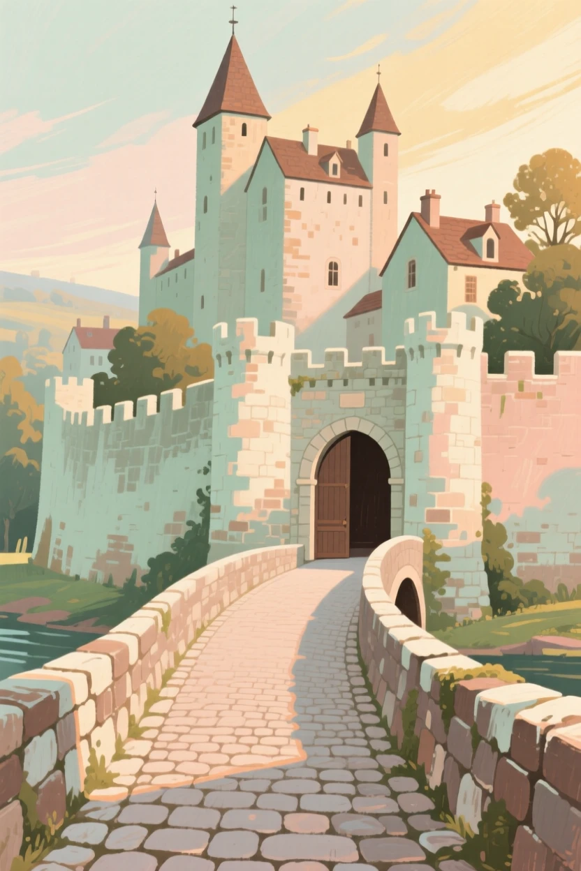 A stone bridge leading into a walled medieval town