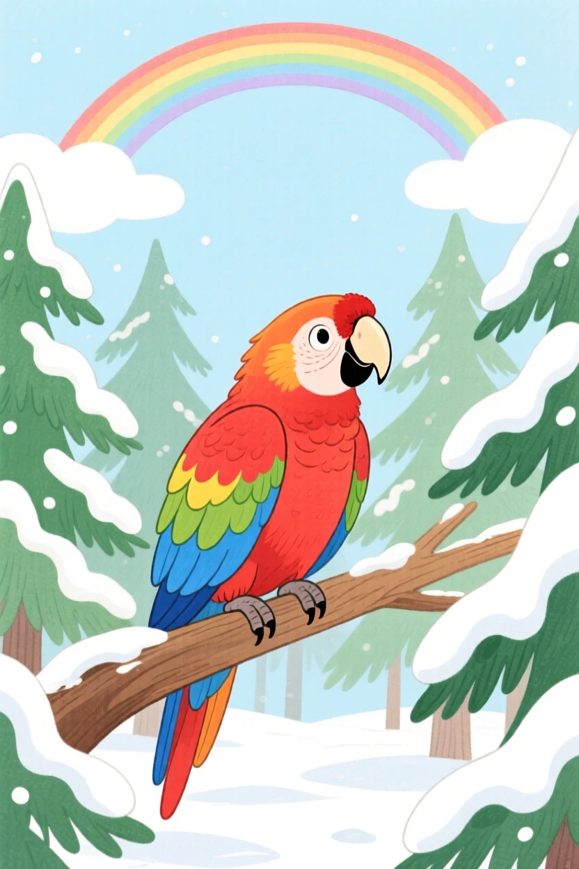 A colorful parrot on a perch exploring a snowy pine forest just after a rainbow appears.