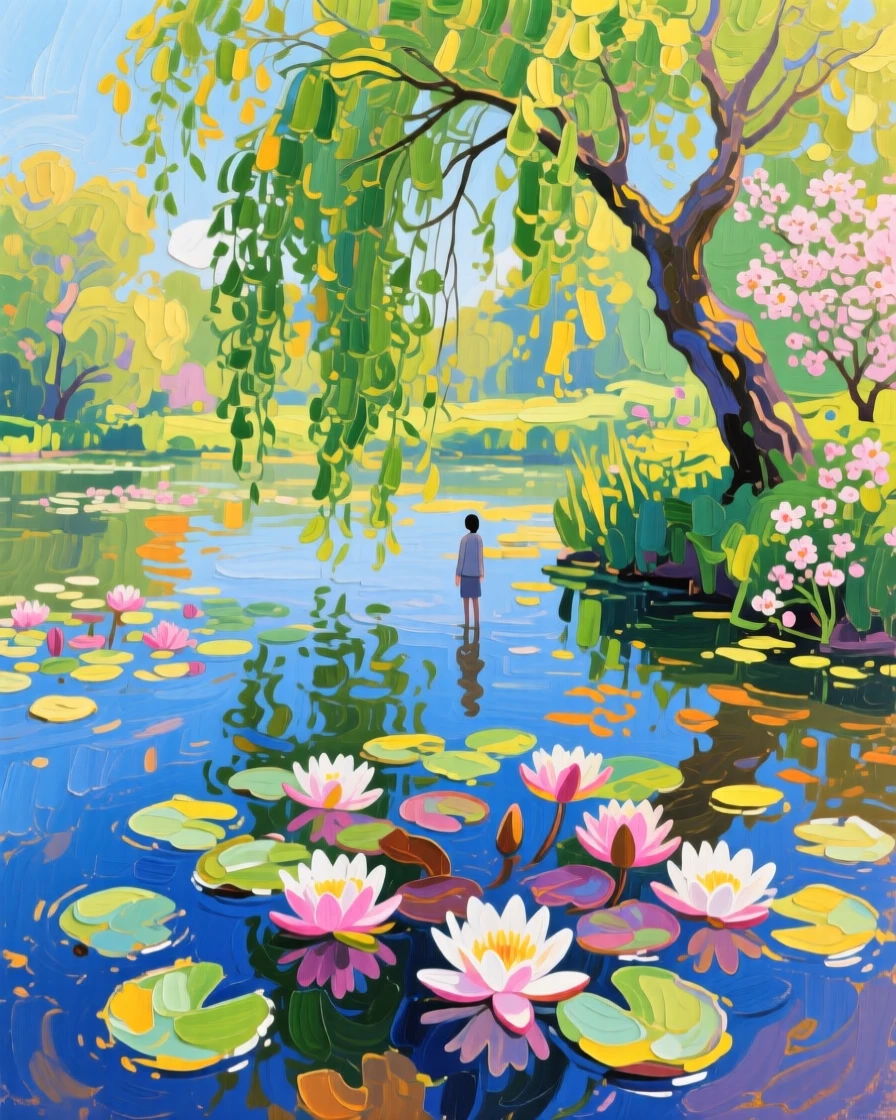 a pond with water lilies beneath a willow, on a peaceful spring afternoon, from an inviting eye-level viewpoint.
