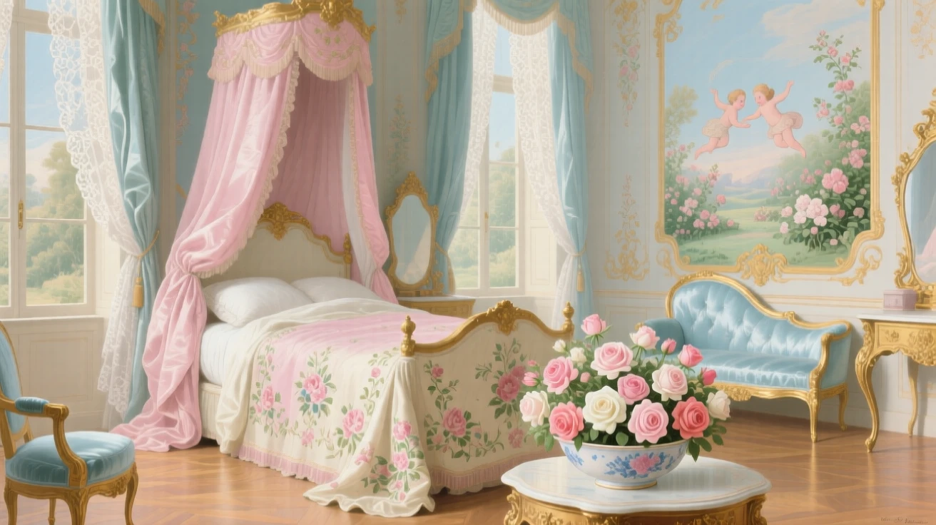 A luxurious guest chamber prepared with embroidered linens and a bowl of roses  
