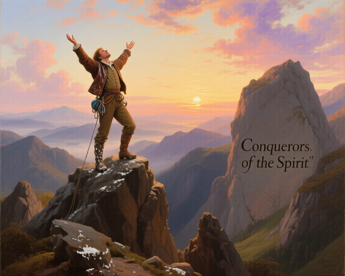 A lone climber stands at a mountain summit, arms raised to the sky.