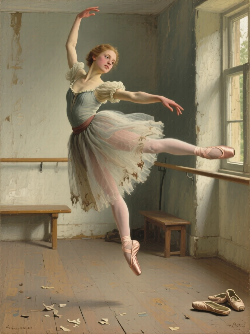 A young ballerina in mid-leap, her expression full of focus and grace, with genuine, unguarded emotion visible in the eyes, celebrating the quiet dignity found in everyday human life