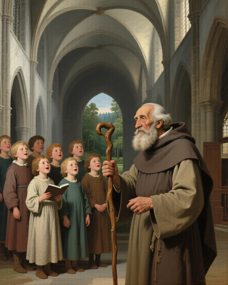 A choir of children singing beneath a vaulted cathedral ceiling at the quiet culmination of a long inner journey, set within a humble village at the edge of a quiet forest, with modest robes, a well-worn staff, and a face lined with quiet devotion; quiet, uncluttered space allows the emotional core room to breathe, radiating compassion, faith, and gentle hope.