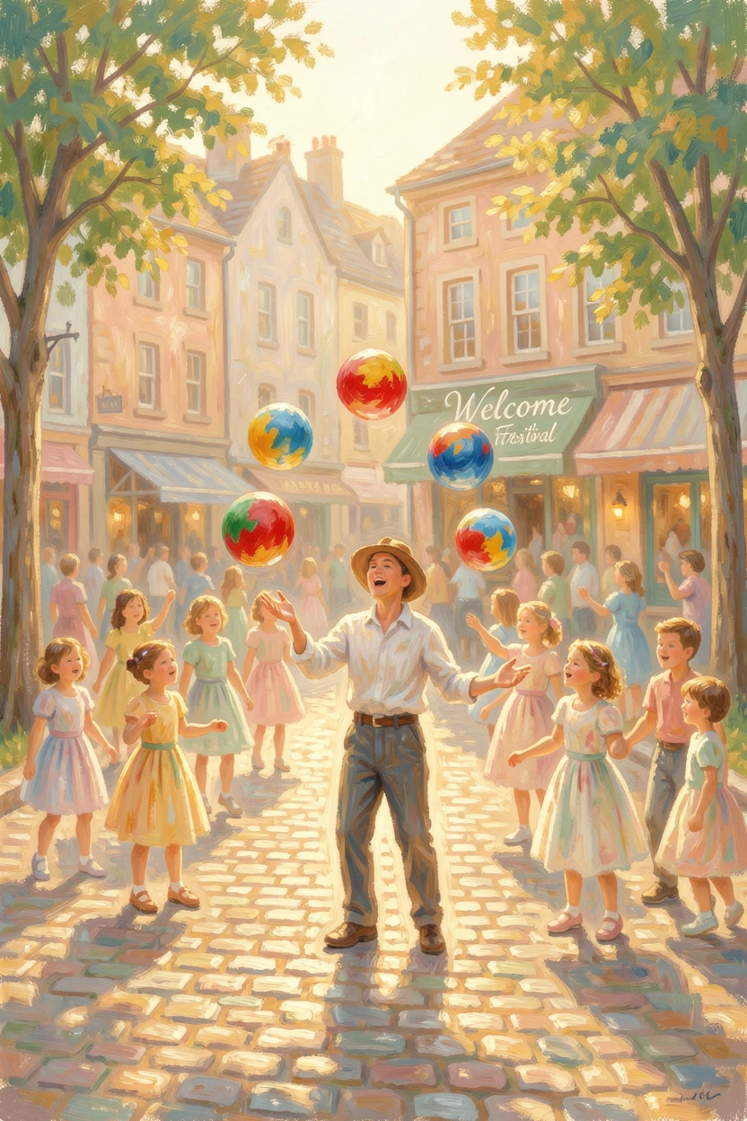 A street performer juggling colorful balls before an enchanted crowd of children in a town square.