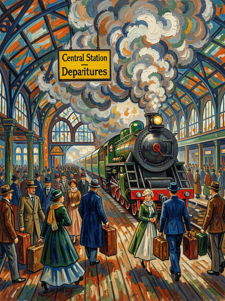 A busy train station platform with steam rising as a locomotive prepares to depart.