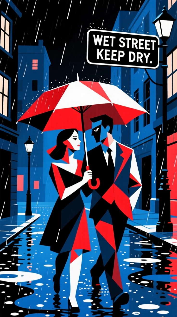 A couple sharing an umbrella while walking through a rain-soaked city street at night.