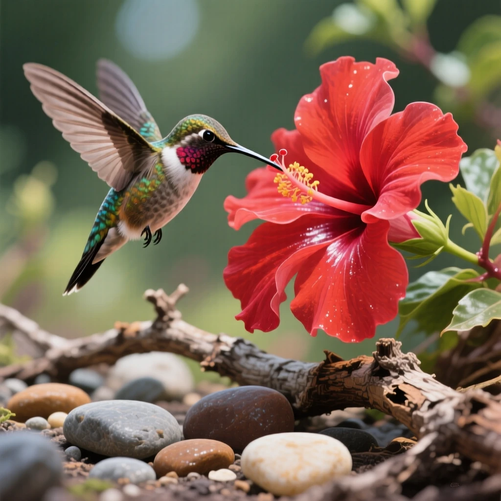 A close-up macro shot of a hummingbird hovering beside a bright red hibiscus flower captures its wings as a blur while its long beak reaches deep into the bloom, scattered stones and fallen branches lending a sense of quiet detail to the foreground.