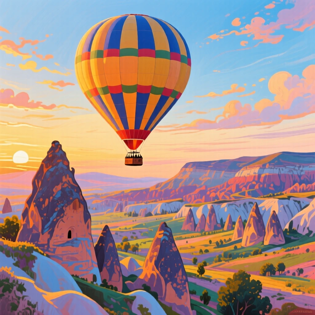 A hot air balloon drifting silently over the fairy chimneys of Cappadocia at sunrise