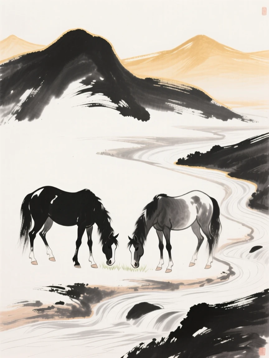 Two horses graze peacefully beside a mountain stream, with distant mountains rimmed in golden light.