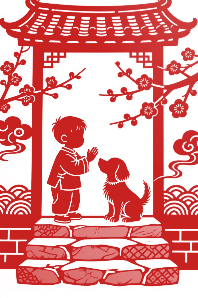 A boy and his puppy, playing a hand-clapping game on the front steps, a warm afternoon sun casting long gentle shadows.
