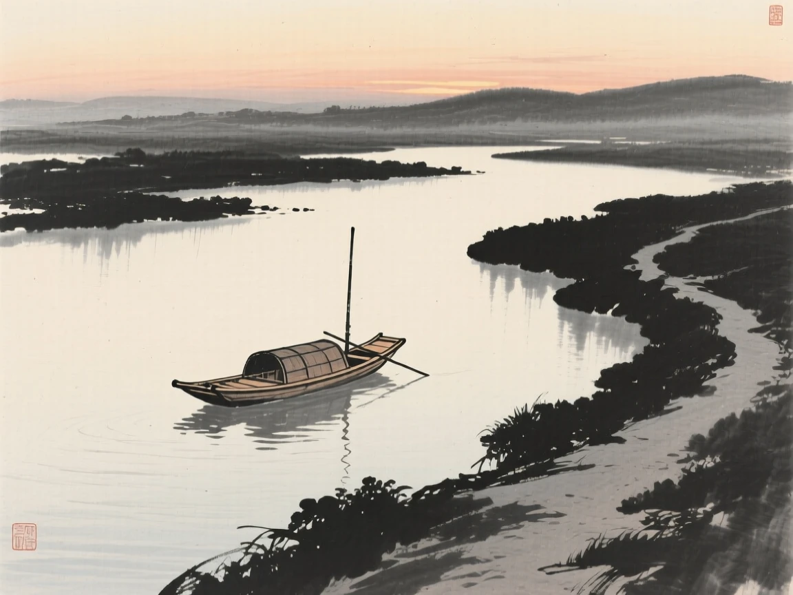A lone wooden boat drifting on a still, glassy river as evening shadows stretch long across the land, captured from a narrow path winding into the depth of the scene, evoking a deep sense of solitude and quiet grandeur.