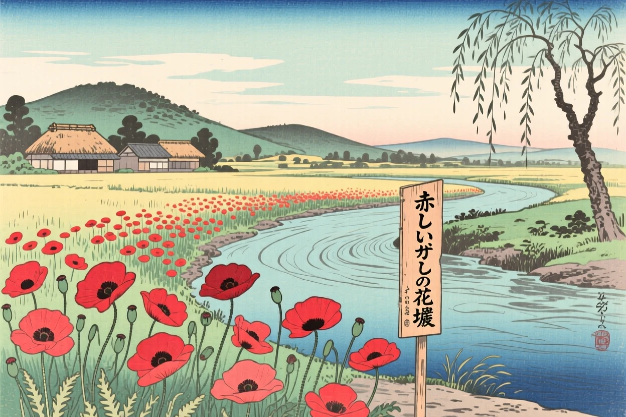 A field of blooming poppies rippling in the breeze along a slow-moving river.