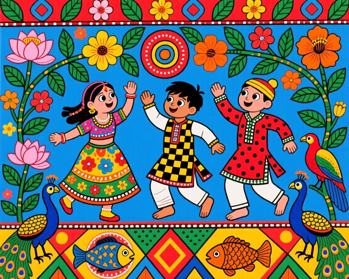 Children dancing joyfully at the edge of a wedding celebration.