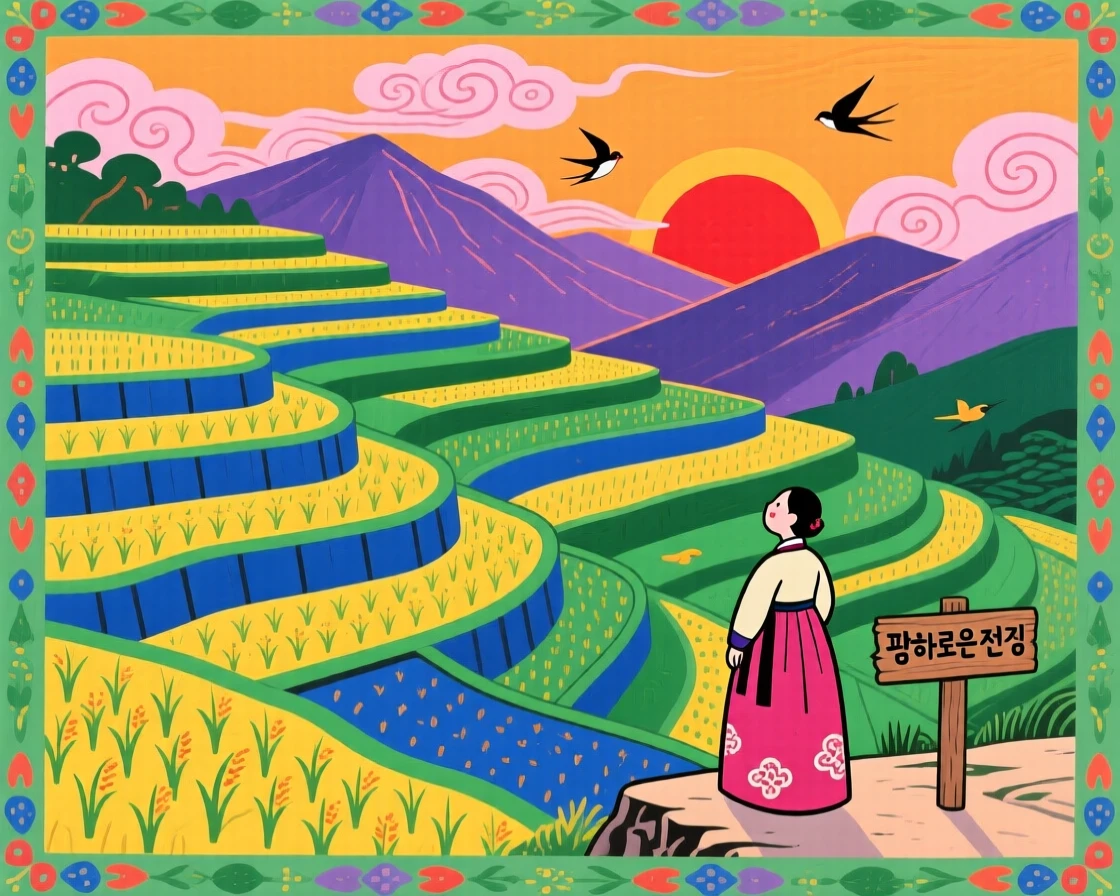 Terraced rice fields climbing a hillside seen from a quiet overlook, as the sun sets behind distant peaks.