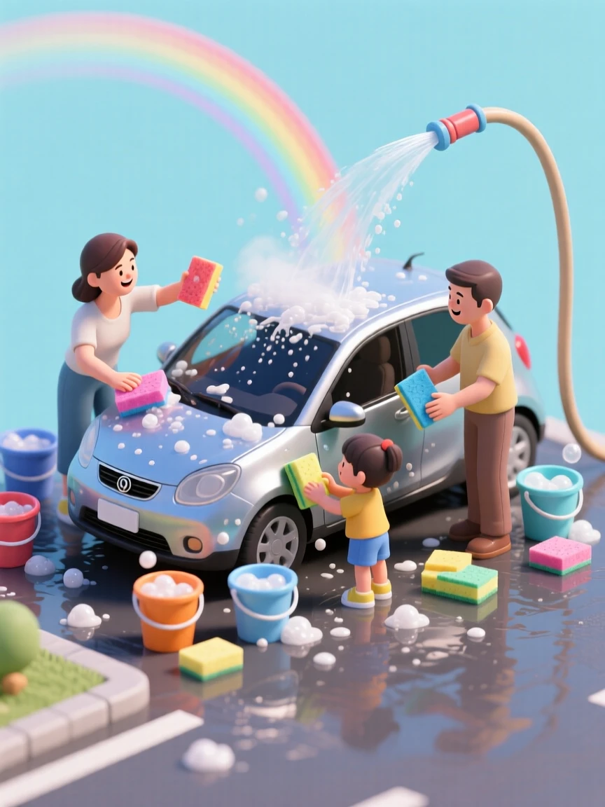 A family scene of washing a car together in the driveway, buckets of soapy water, sponges in hand, and a rainbow arcing through the hose spray.