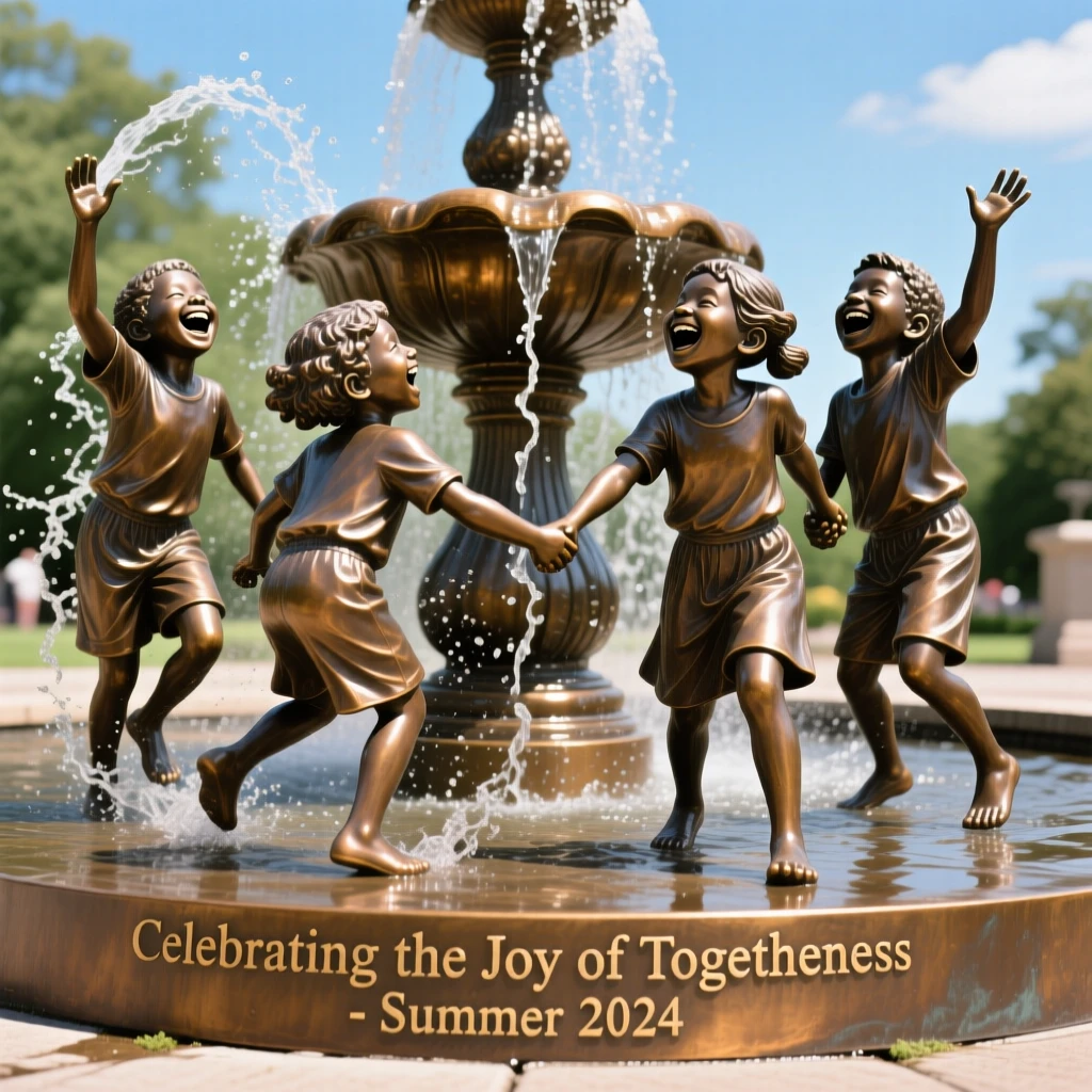 Children playing joyfully in a fountain on a summer day, capturing a powerful sense of togetherness, celebrating shared human joy