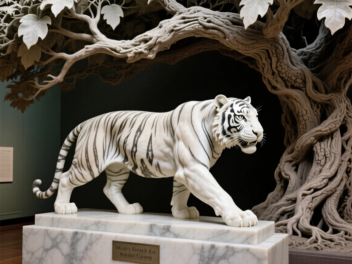 A majestic tiger captured in a powerful, dignified pose beneath a canopy of ancient trees
