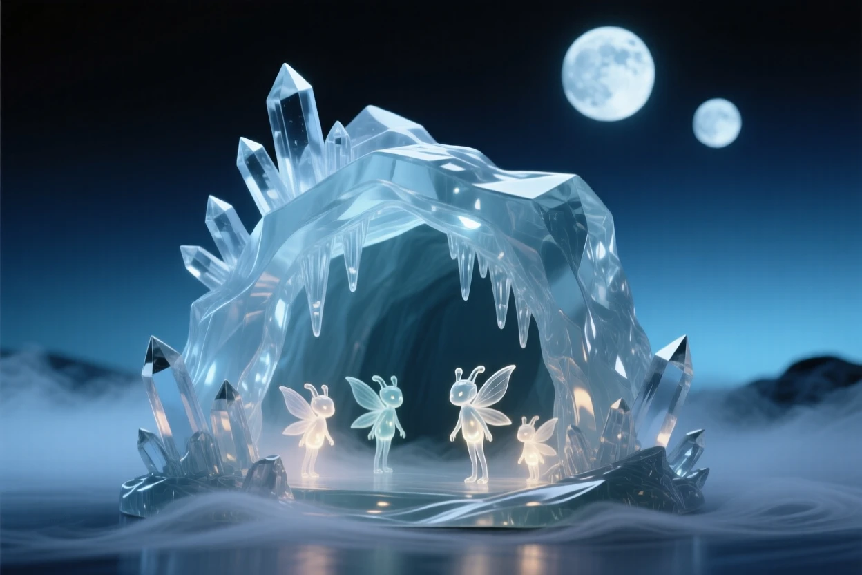 A crystal cave inhabited by tiny glowing sprites under a twilight sky filled with two moons, atmospheric fog rolling through the scene, feeling mysterious and enchanting.