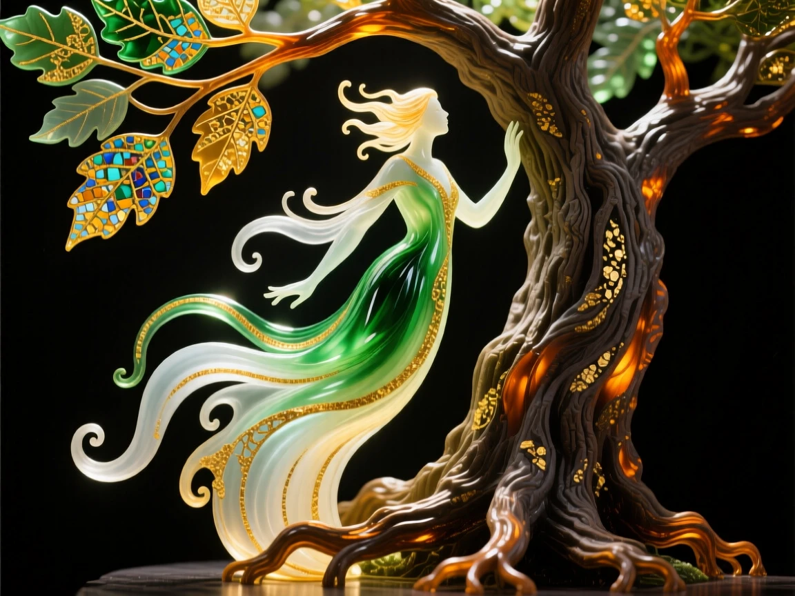 A forest spirit made of leaves and light emerging from an ancient oak, magical and serene.