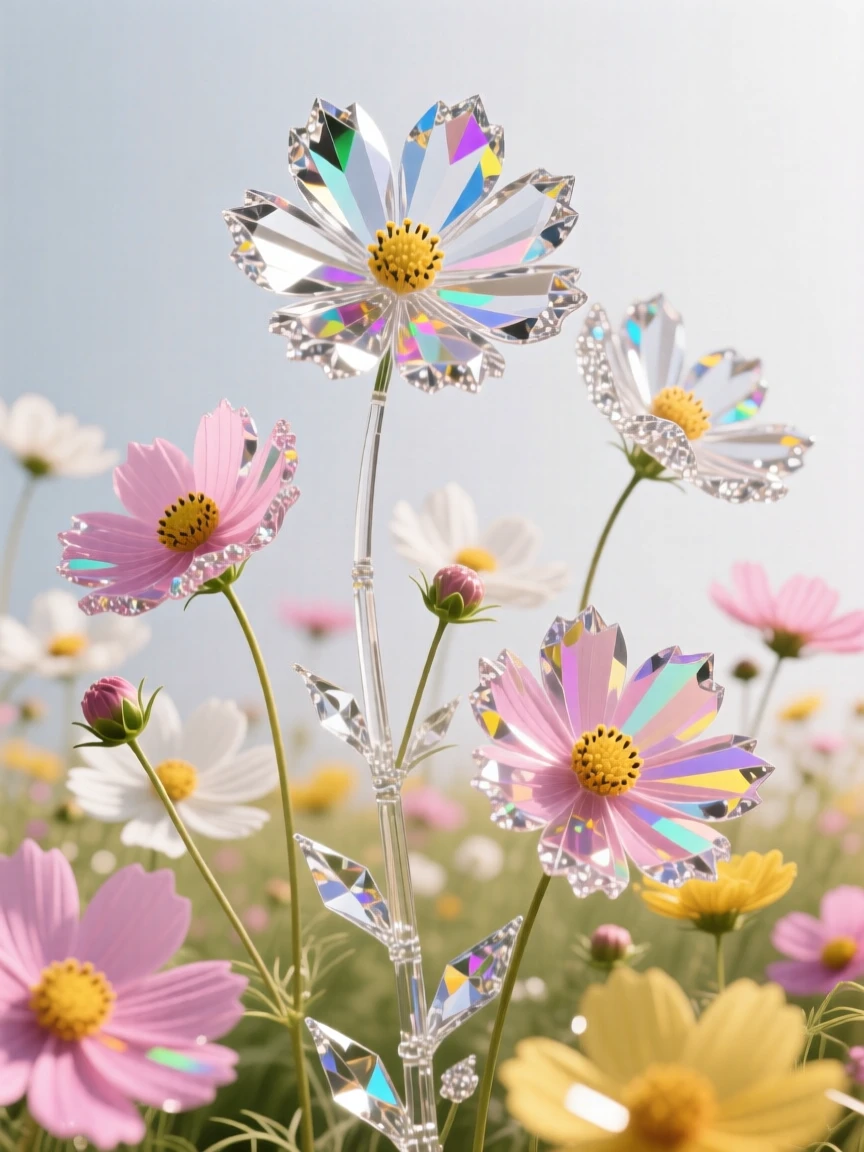 A field of wild cosmos flowers swaying gently in a warm summer breeze.
