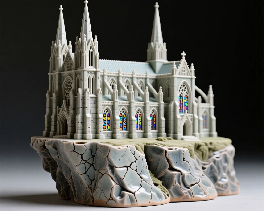 A grand cathedral with soaring spires perched dramatically at the edge of a cliff, with weathered stone showing centuries of history, evoking timeless wonder and quiet grandeur.