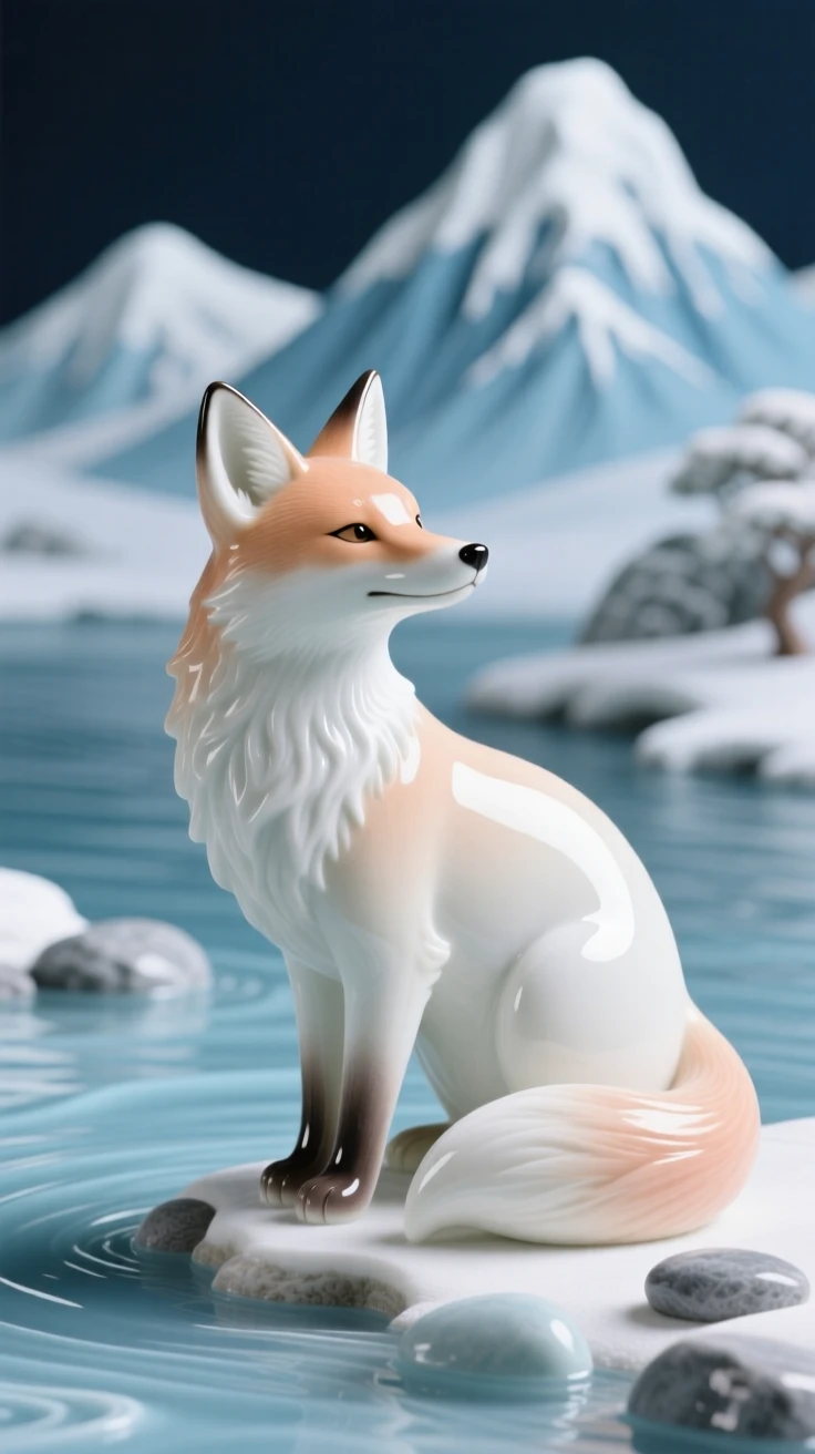 A playful fox gazing calmly into the distance in a tranquil riverside, framed by distant snow-capped peaks.