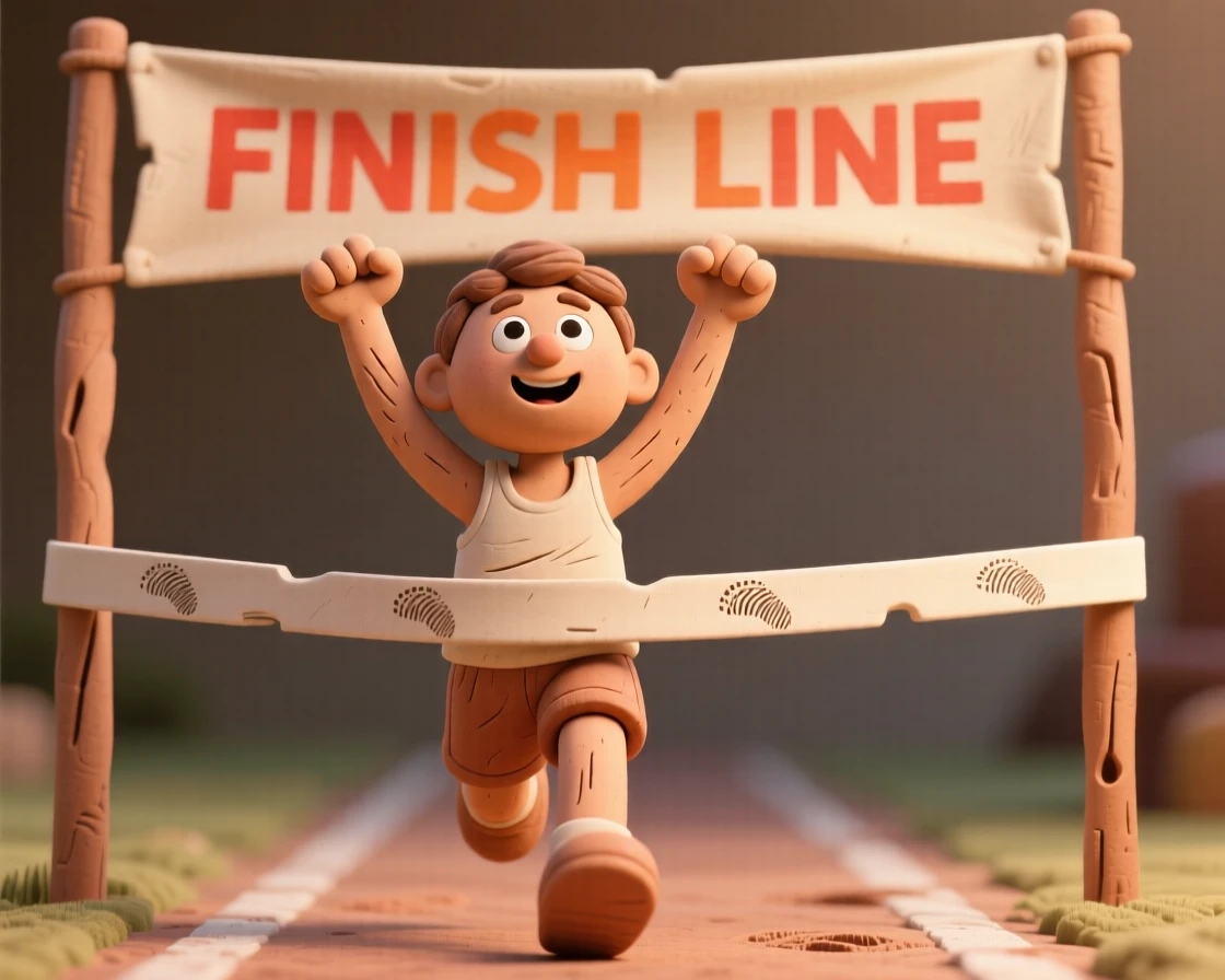 A young athlete crossing a finish line, arms raised in victory