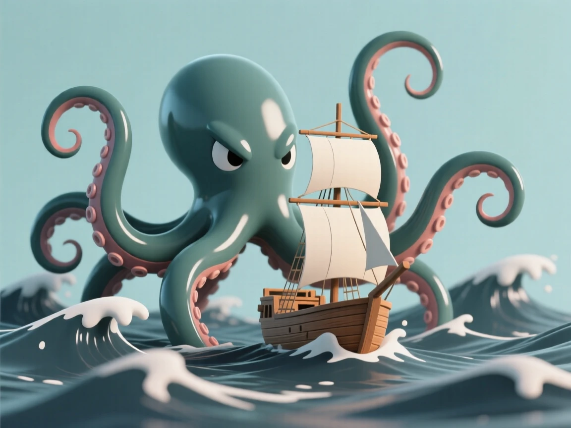 A fierce kraken raises glistening tentacles from stormy ocean waves, surrounding a small wooden ship.