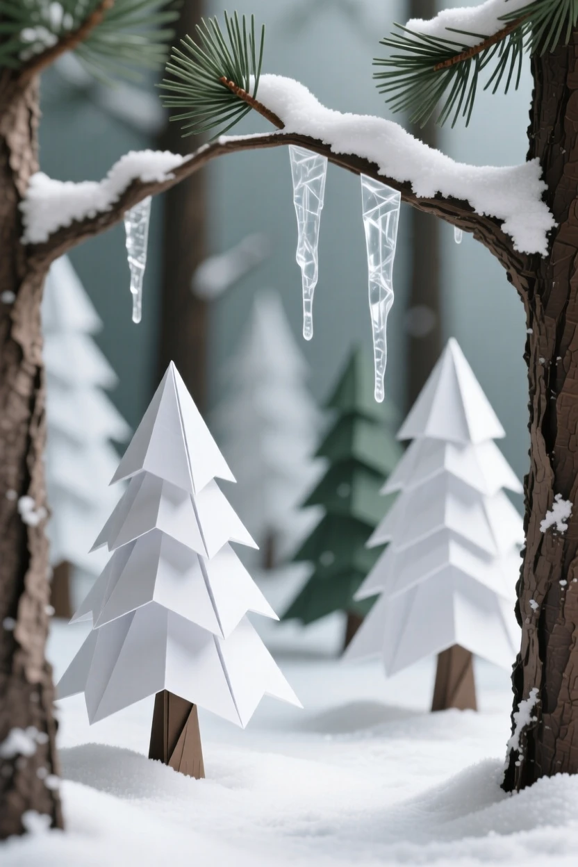 A tranquil pine forest blanketed in fresh snow, icicles hanging from low branches.