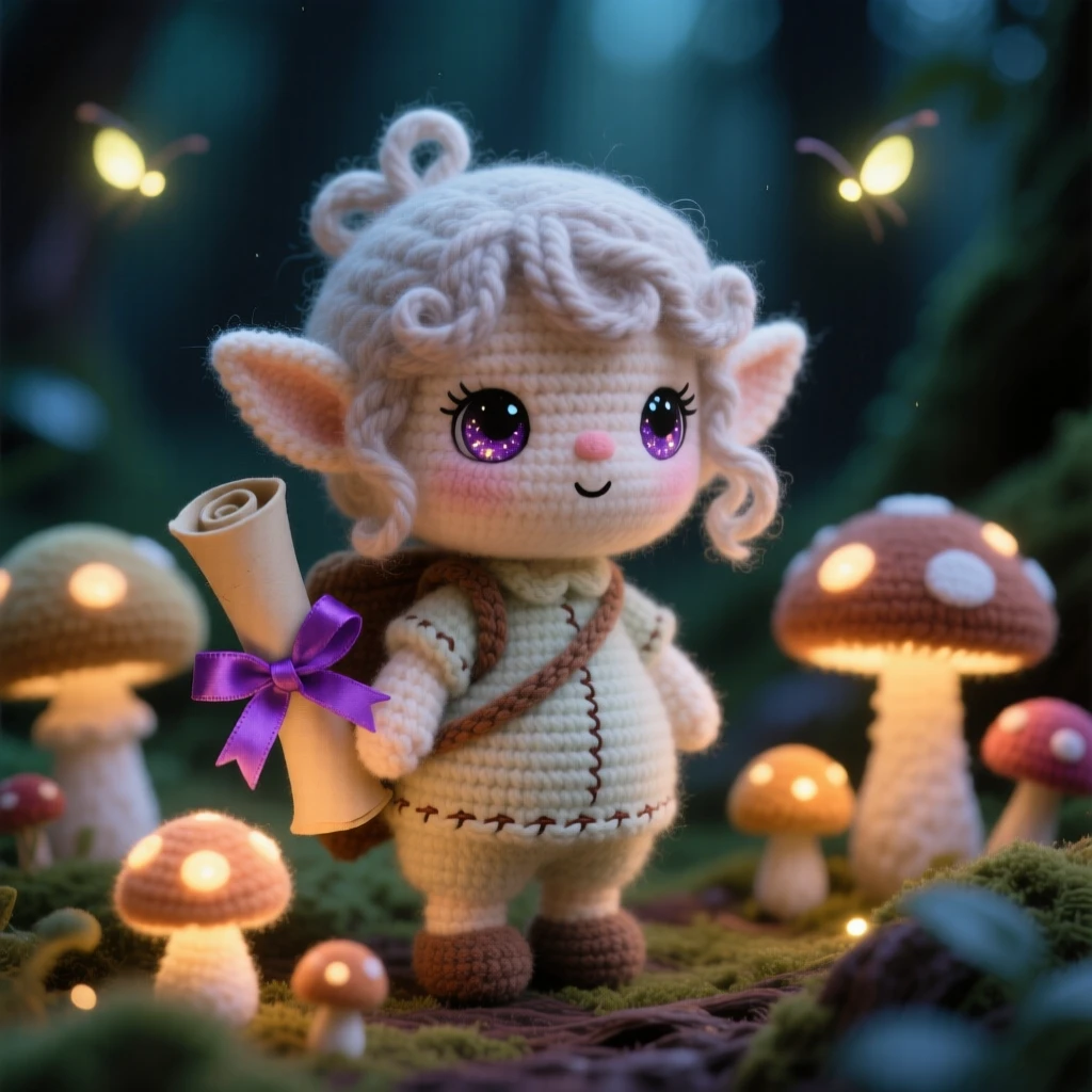 In a hidden glade lit by fireflies, a tiny forest pixie messenger with a tiny scroll tied to her back is captured delivering a message tied with a ribbon, surrounded by a cluster of luminous mushrooms, filled with curious innocence meeting a magical world.