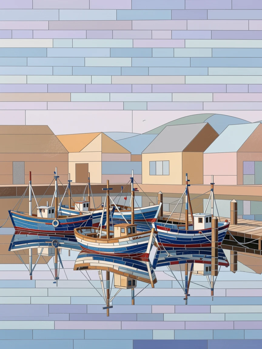A quiet harbor town with fishing boats reflected in calm water.