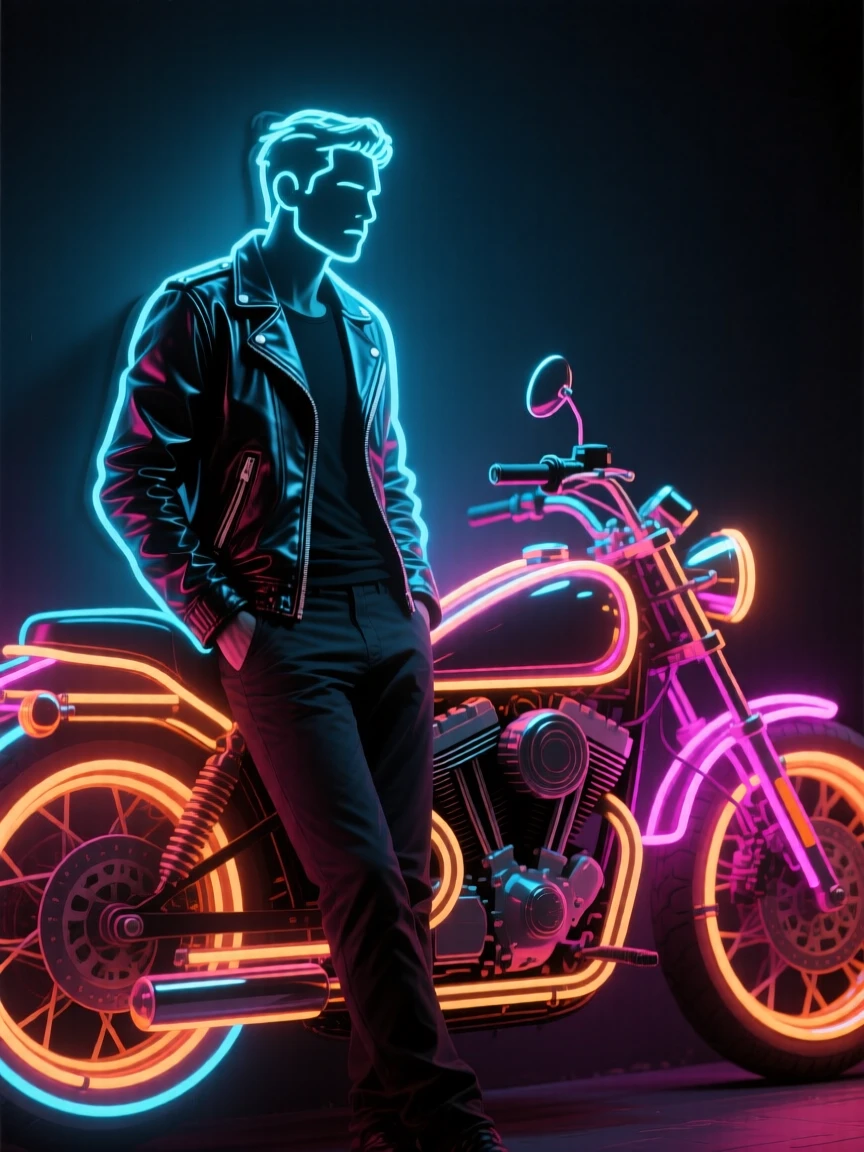 A man in a leather jacket leaning against a vintage motorcycle.