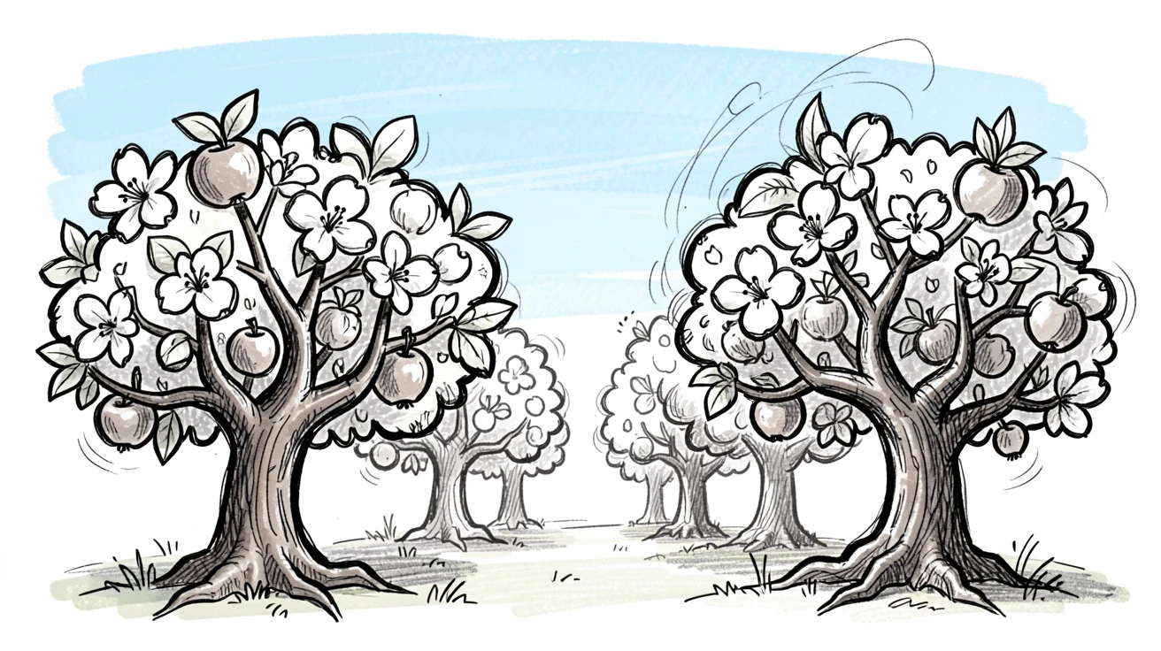 A grove of blossoming apple trees under a clear morning sky.