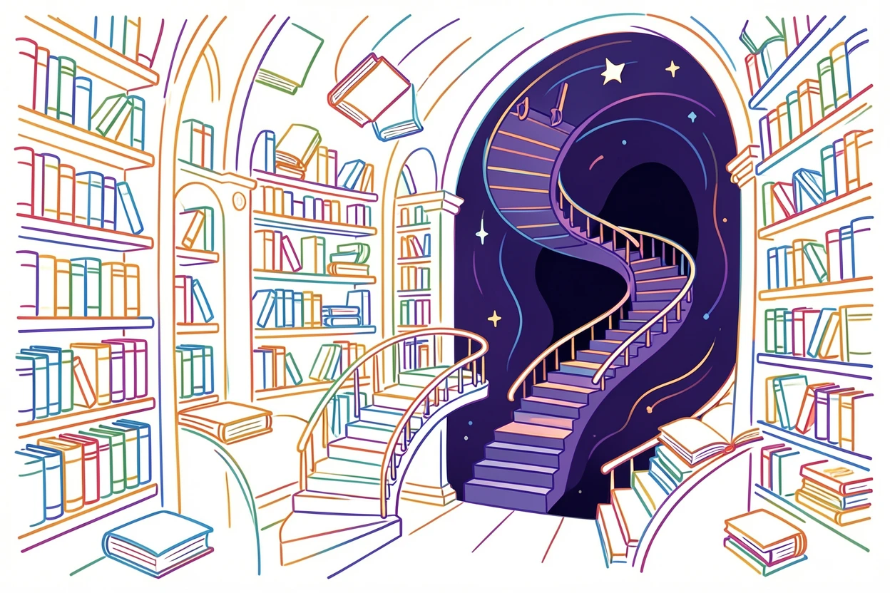 A magical library with floating books and staircases spiraling into darkness.