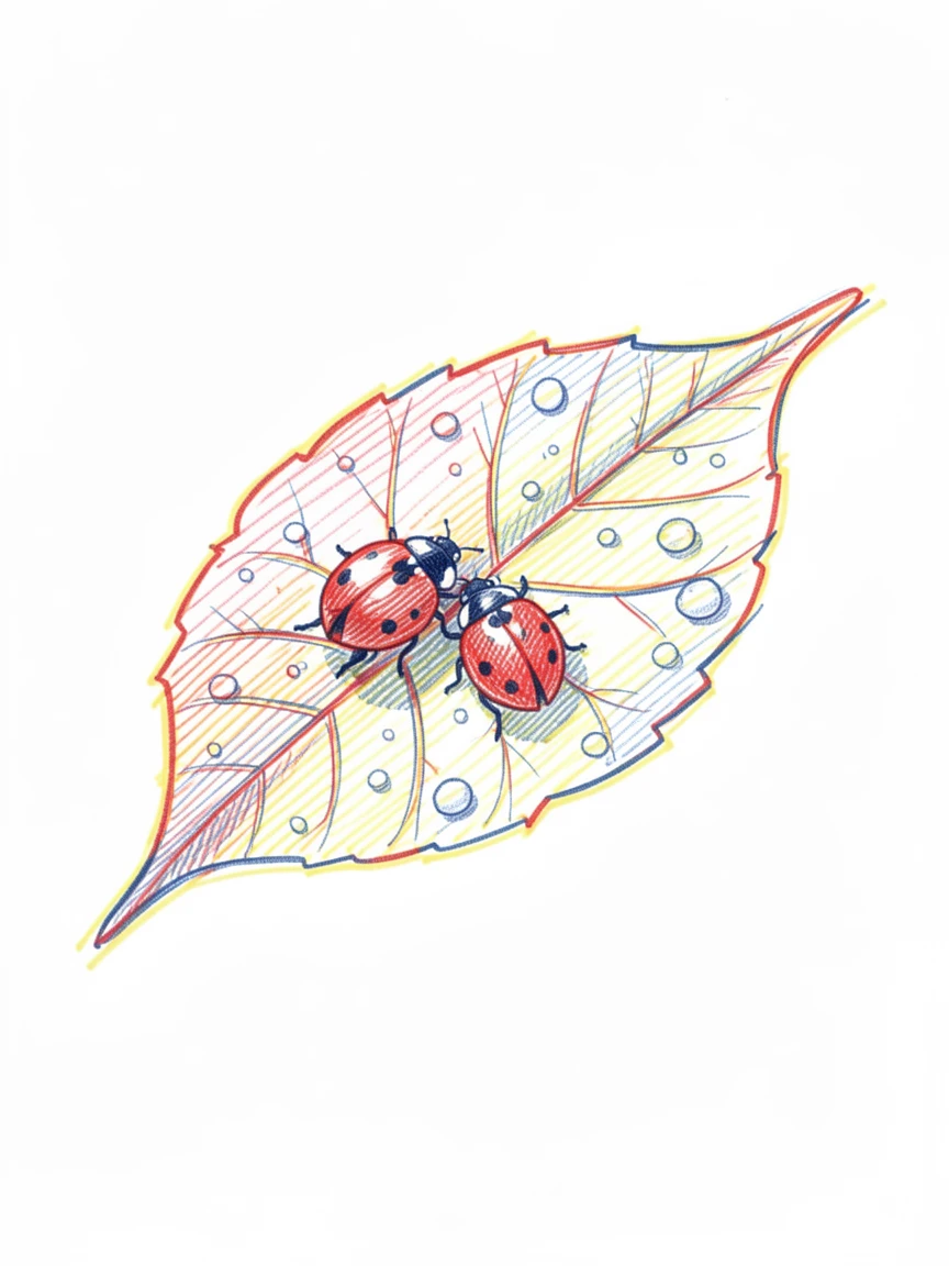 A pair of ladybugs resting on a dew-covered leaf in morning light