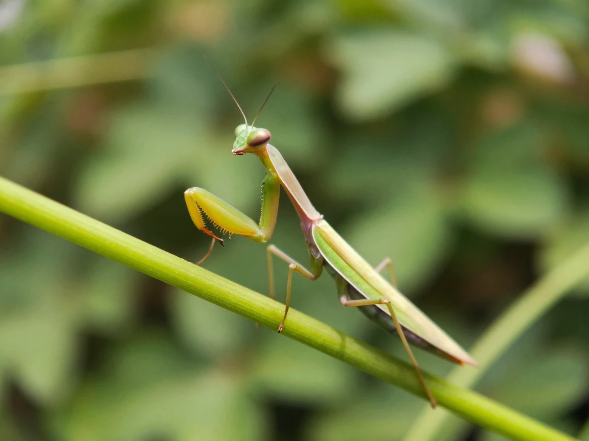 A praying mantis perched on a green stem