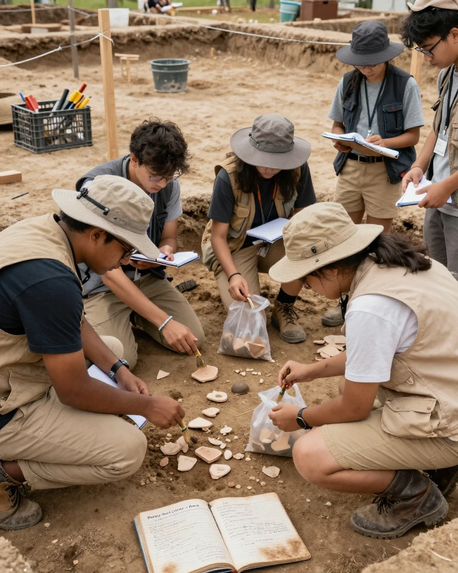A group of archaeology students carefully catalogs pottery shards at a dig site.