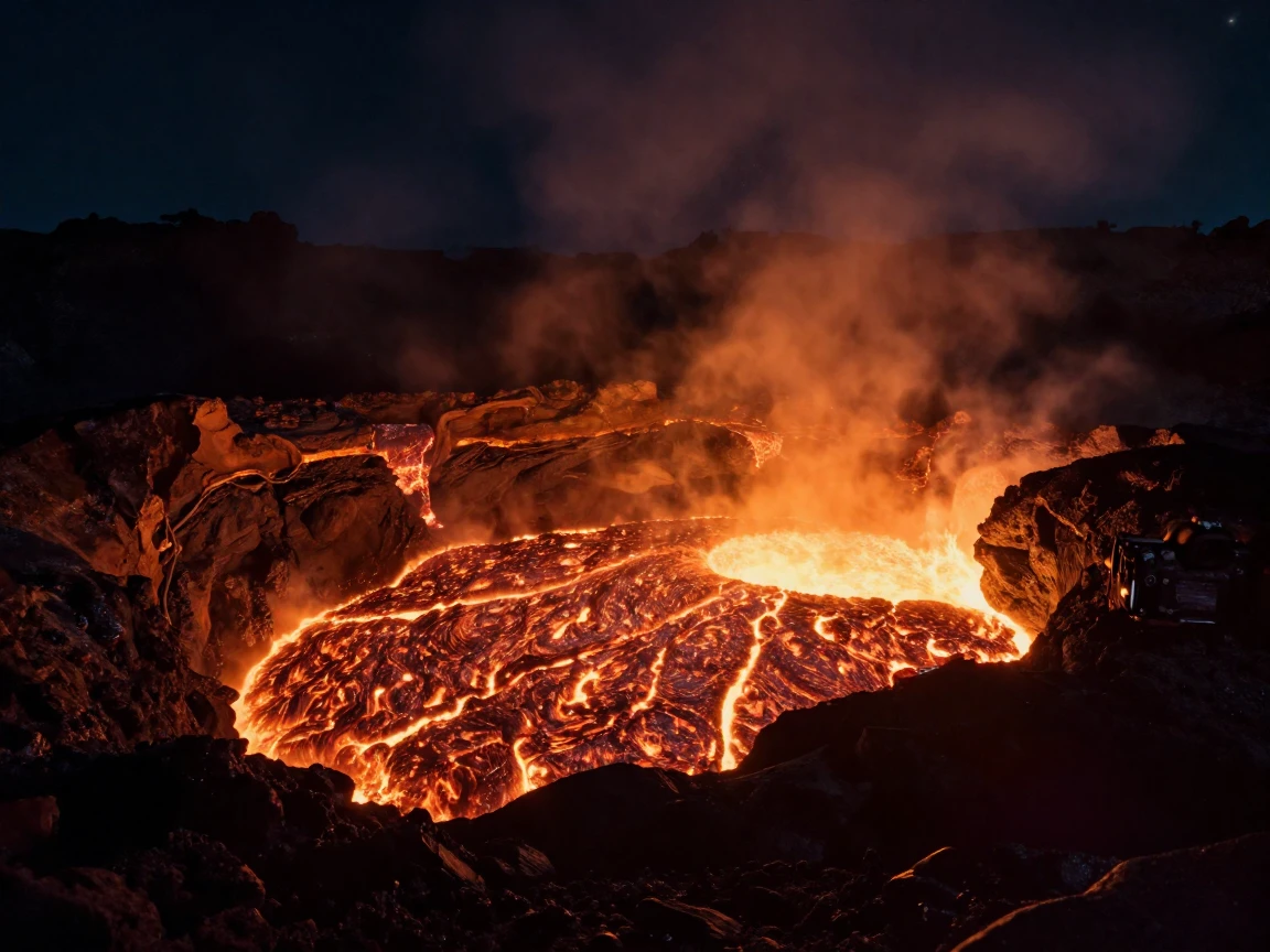 A volcanic crater glowing with molten lava against a dark night sky
