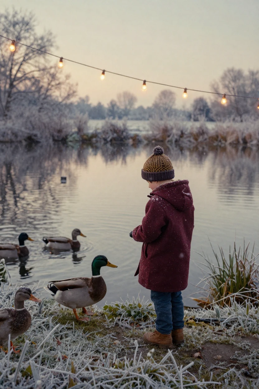 A little boy feeding ducks at the edge of a pond, under strings of warm string lights, with frost coating every surface, under the first snow of winter, with rich burgundy and gold accents, from behind, looking toward the horizon.