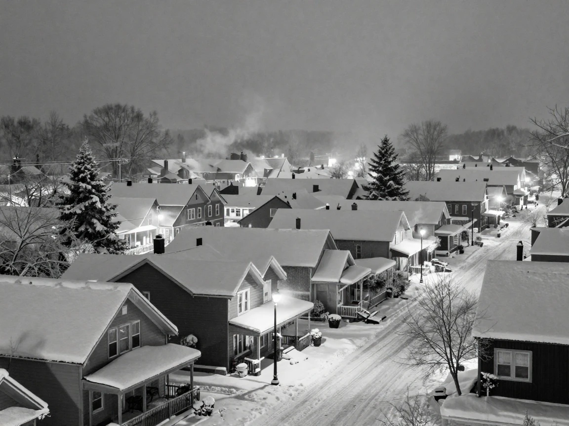 A snowstorm blankets a small town overnight over quiet rooftops.