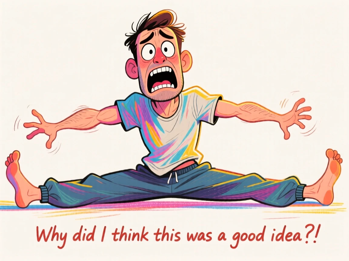A man attempting the splits and clearly regretting the decision immediately.